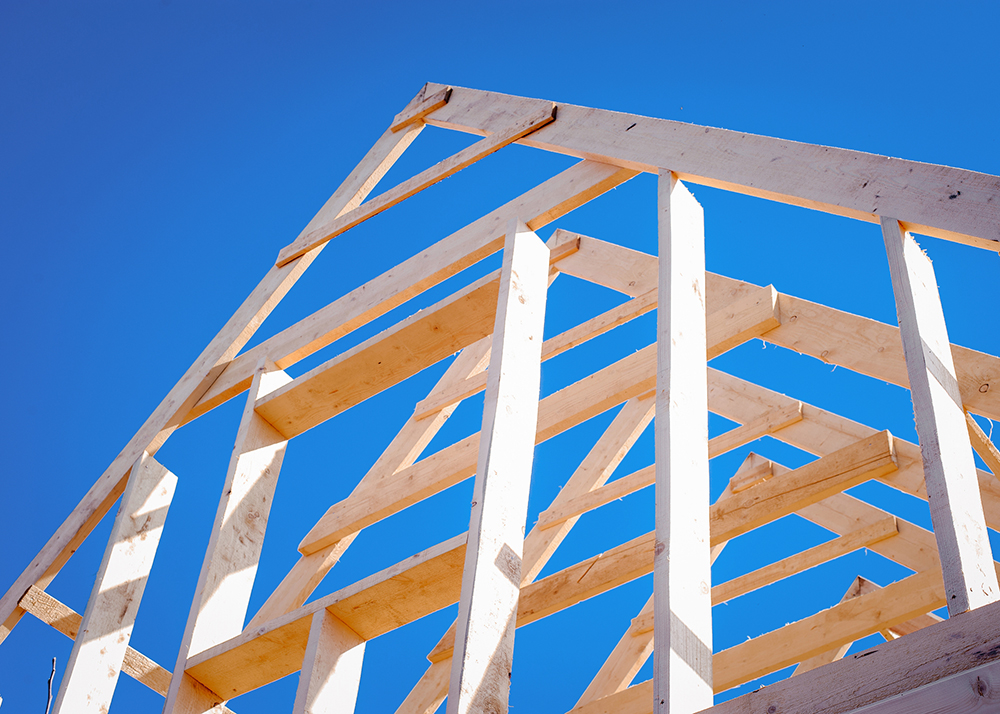 Wooden beams of a new house being constructed.